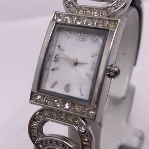 Mop Dial Tank Silver Tone Watch New Battery Vintage Bangle Cuff Works